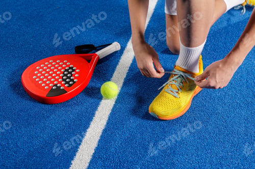 Preview: Padel player tying shoelace on indoor court with racket and ball before training