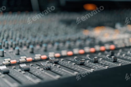 Preview: A recording studio control panel mixer with an equalizer faders buttons for broadcasting a recording