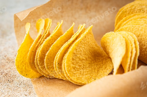 Preview: Crispy Potato Chips on Textured Brown Paper