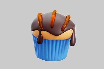Preview: Cupcake with blue wrapper, light brown frosting, and dark brown chocolate sauce.