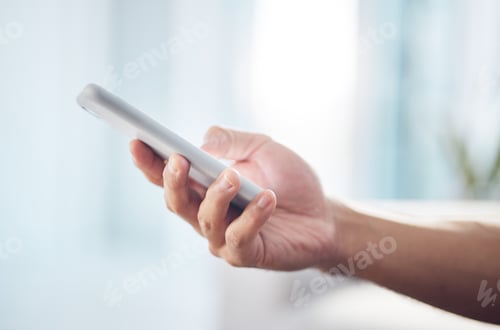 Preview: Closeup, mockup and hand with smartphone, typing and connection with communication, social media an