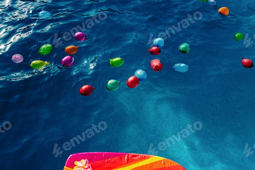 Preview: Group of many colorful plastic water balloons floating in the water of a pool to entertain