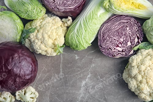 Preview: Flat lay composition with different cabbages on grey background