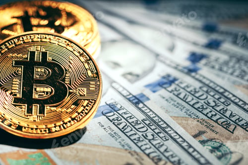 Vista previa: Monedas bitcoin doradas en un papel dólares dinero