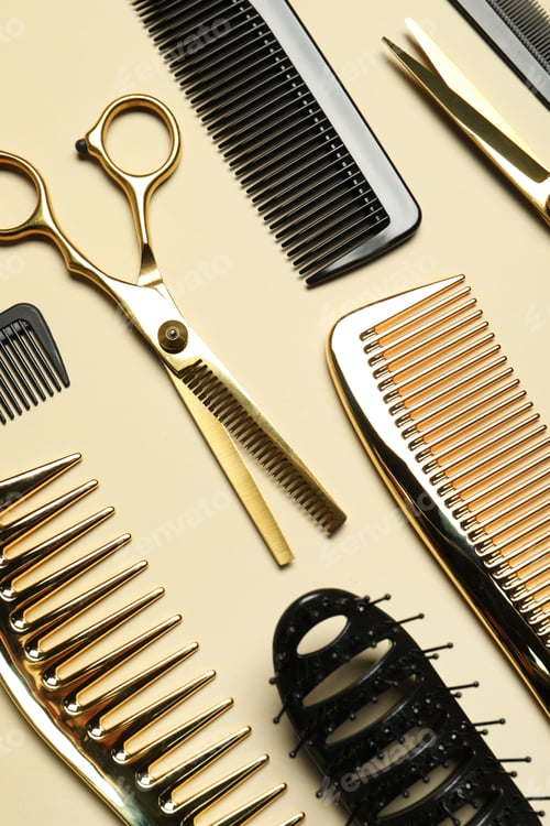 Preview: Hairdressing tools on beige background, flat lay