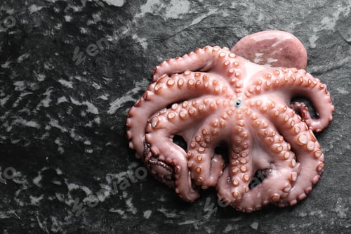 Visualização: Sea food. One fresh raw octopus on dark table, above view. Space for text