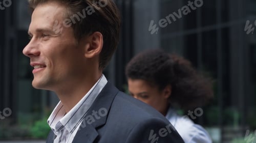 Preview: Portrait smiling businessman drinking coffee commuting to office Morning routine