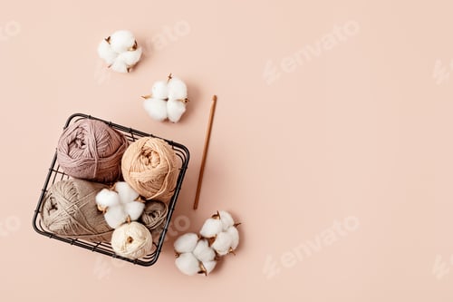 Preview: Craft hobby background with yarn in natural colors