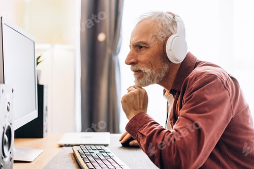Preview: Portrait of senior gray haired man working at home in living room using computer