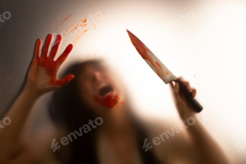 Preview: Woman killer with a knife in her hand. Creepy background