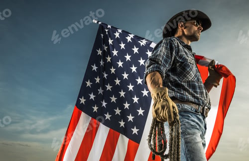 Preview: Cowboy with American Flag and a Rope in His Hands