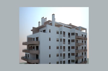 Preview: Multi-story apartment building with balconies and chimneys