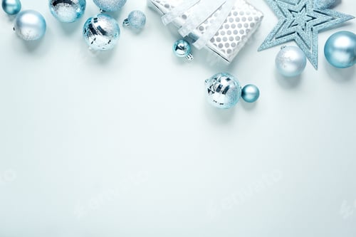 Preview: Light Blue Christmas Ornaments and Present Background