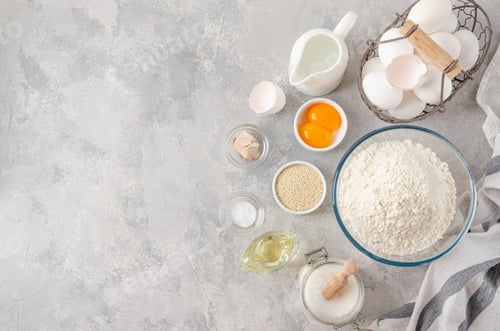 Preview: Ingredients for the preparation of challah bread dough, flour, water, sugar, eggs, yeast, oil, salt