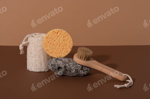 Preview: Eco friendly bathroom accessories on beige background