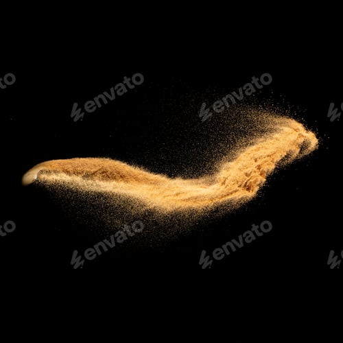 Preview: Golden sand explosion isolated on black background. Colored sand splash.