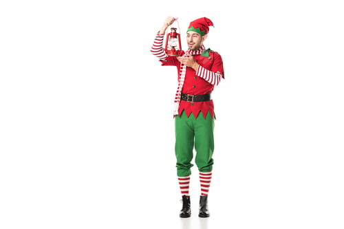 Preview: smiling man in christmas elf costume holding red lantern isolated on white
