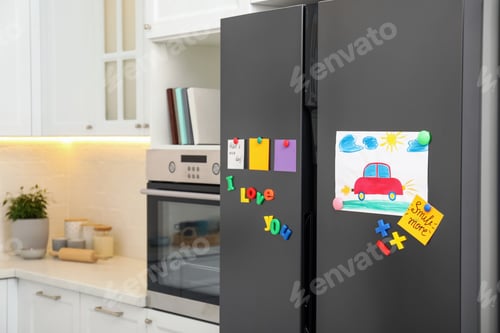 Preview: Modern refrigerator with child's drawing, notes and magnets in kitchen