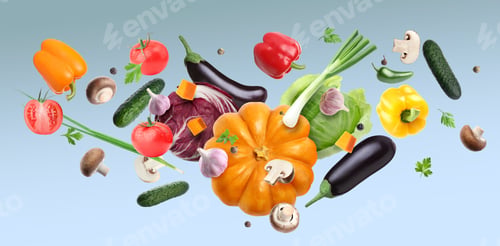 Preview: Many different fresh vegetables in air on light blue gradient background