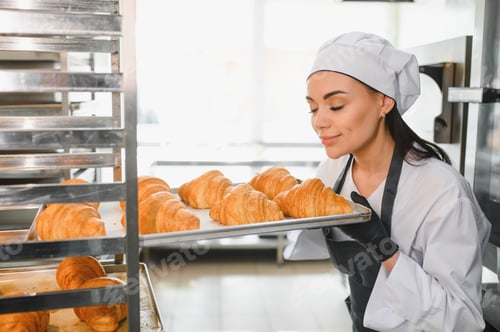 Preview: Baker smelling fresh croissants on baking tray in bakery kitchen