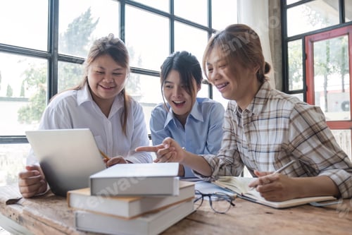 Preview: Asian College groups of students using laptop, tablet, studying together with notebooks documents