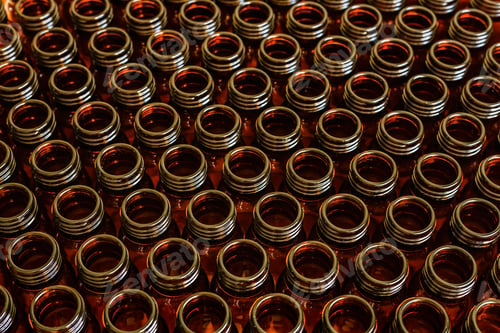 Preview: Many glass jars for empty medicines assorted in a row, chemical pharmaceutical industry concept.