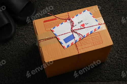 Preview: Cardboard parcel with greeting card on the door mat near the entrance door. Delivery service.