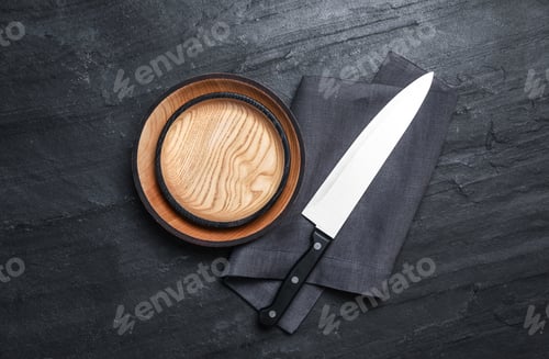 Preview: Cooking utensils on black table, flat lay