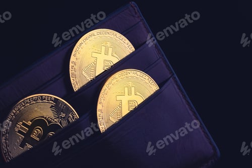 Preview: bitcoin cryptocurrency in black leather wallet