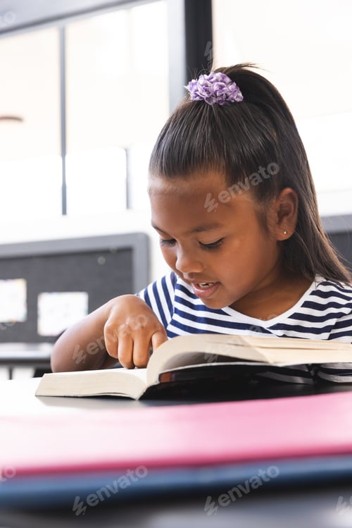 Preview: In school, young biracial girl focusing on reading a book in the classroom