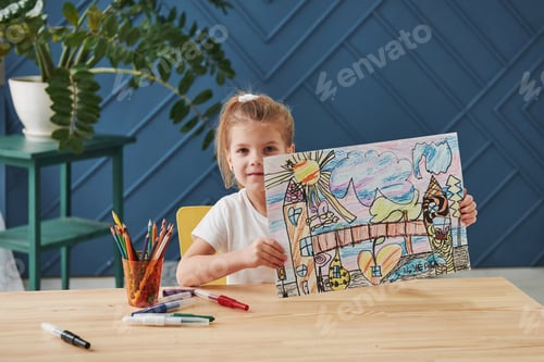 Preview: Cute little girl in art school shows her first paintings drawn by pencils and markers