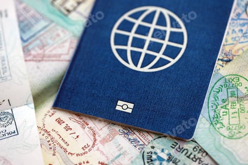 Vista previa: Many open passport pages with lots of visas and entrance stamps from various countries