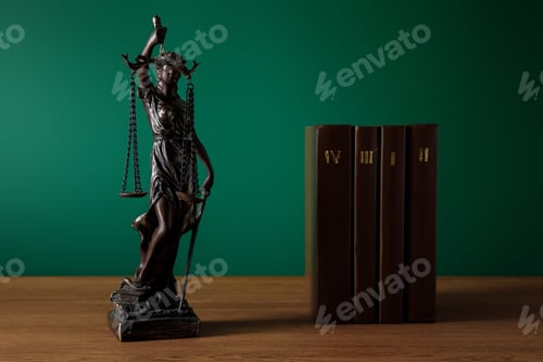 Preview: bronze statuette with scales of justice and volumes of brown books on wooden table on dark green