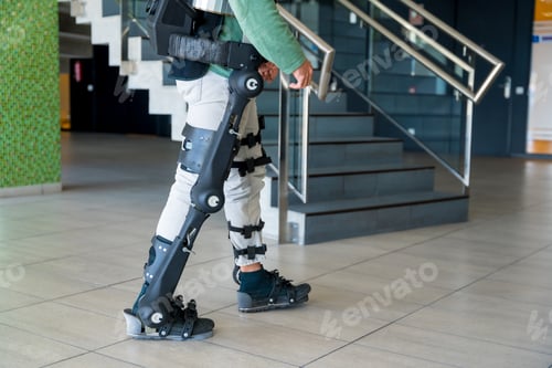 Preview: Mechanical exoskeleton, disabled person on his back walking with the help of robotic skeleton