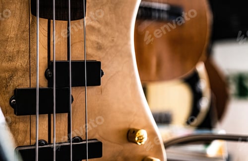 Preview: Bass guitar fretboardsand strings in music recording studio