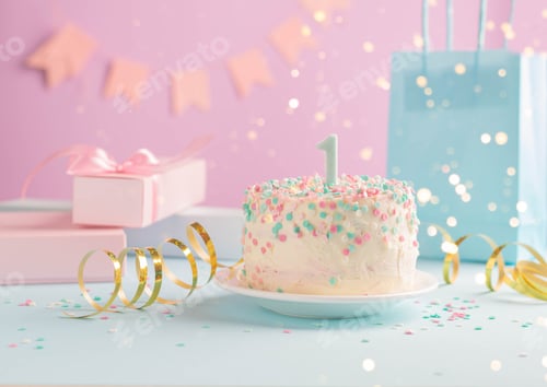 Preview: A festive cake with number one on background of festive pink wall with gifts and flags in serpentine