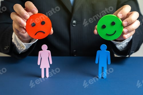 Preview: Psychologist holds a happy and angry emoji over a man and a woman.