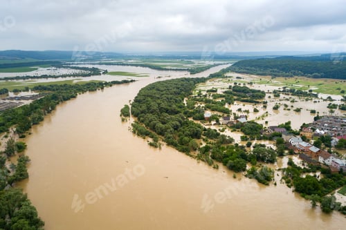 Preview: Aerial view of Dnister river with dirty water and flooded houses in Halych town, western Ukraine