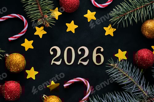Visualização: Plano de
fundo de Ano Novo de 2026. Número do próximo ano na decoração de Natal.