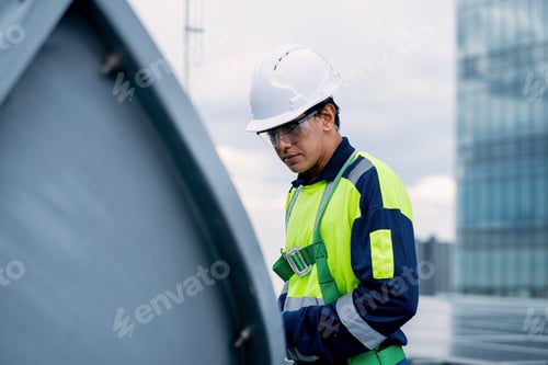 Preview: A man in a yellow and blue safety vest is looking at a metal object