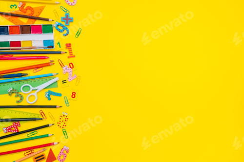 Preview: School equipment. Variety of school supplies. Flat lay