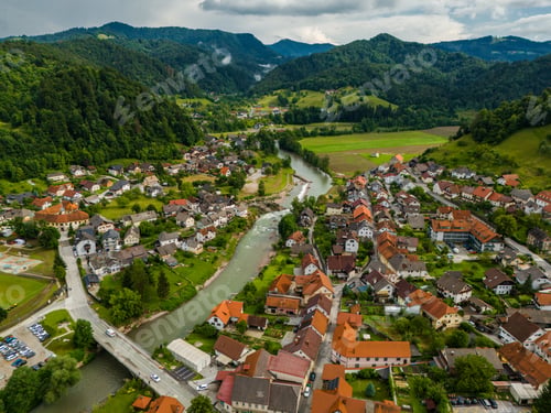 Preview: Bird's-Eye View: Skofja Loka Townscape Captured by Drone in Slovenia