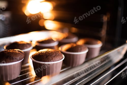 Preview: Tasty cup cakes stay in oven close up. Cooking pastry at home.
