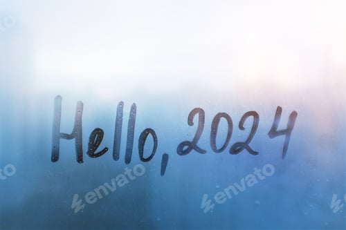 Preview: lettering Hello and numbers 2024 of new year paint with finger on foggy glass on blue sunset window