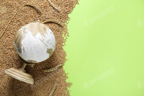 Preview: Globe and grains on light green background, top view. Hunger crisis concept