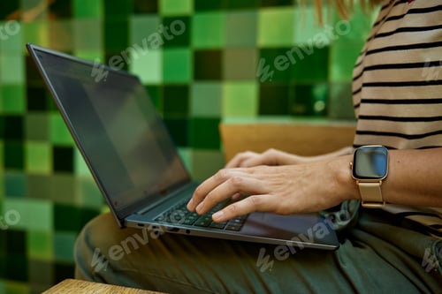 Preview: Female hands typing on laptop keyboard.