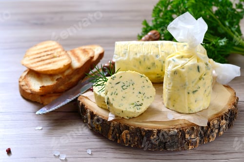 Preview: Herb Butter with Grilled Bread on Wooden Board