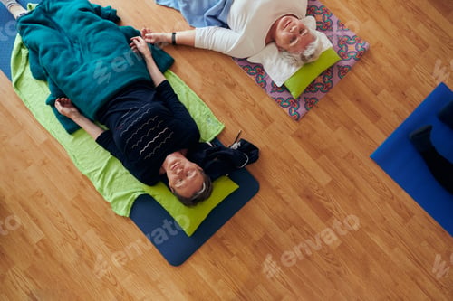 Preview: Top view of group of senior women engage in various yoga exercises, including neck, back, and leg