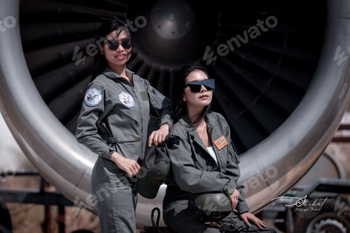 Preview: Portrait beautiful soldier women wearing navy soldier uniform ,sunglass and helmet posing by soldier
