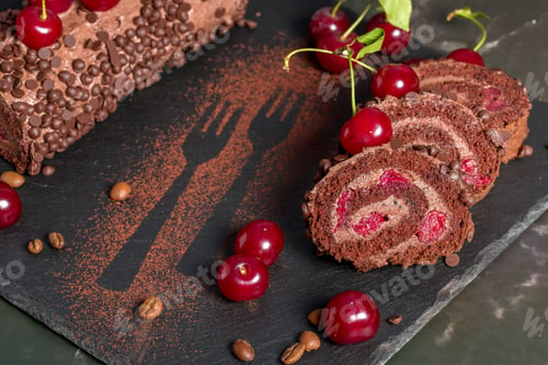 Vorschau: Chocolate roll cake with cream and cherries.